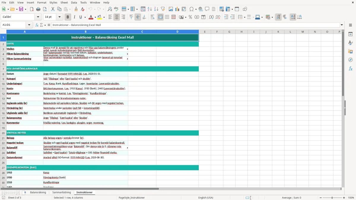 Skärmbild 3: fliken Instruktioner - Excelmall balansräkning excel mall