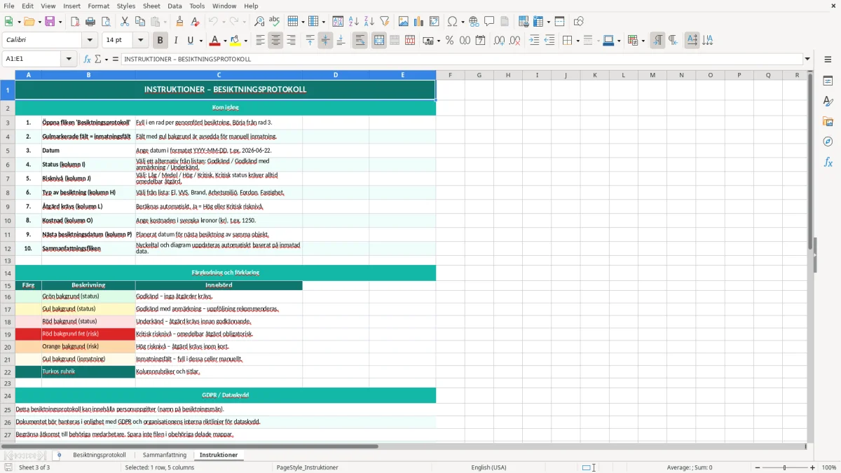 Skärmbild 3: fliken Instruktioner - Excelmall besiktningsprotokoll excel mall