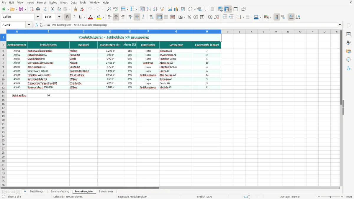 Skärmbild 3: fliken Produktregister - Excelmall beställningslista excel mall