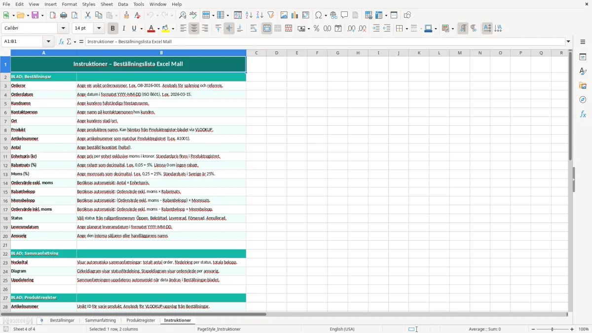 Skärmbild 4: fliken Instruktioner - Excelmall beställningslista excel mall