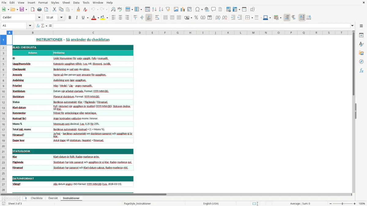 Skärmbild 3: fliken Instruktioner - Excelmall checklista excel mall
