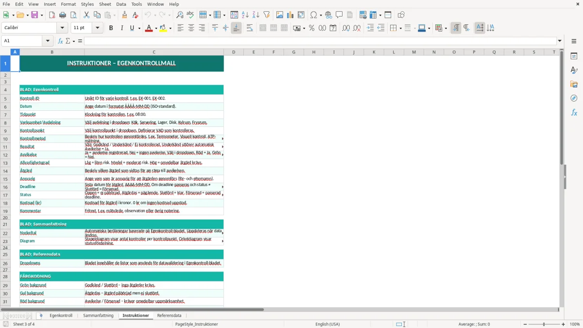 Skärmbild 3: fliken Instruktioner - Excelmall egenkontroll excel mall