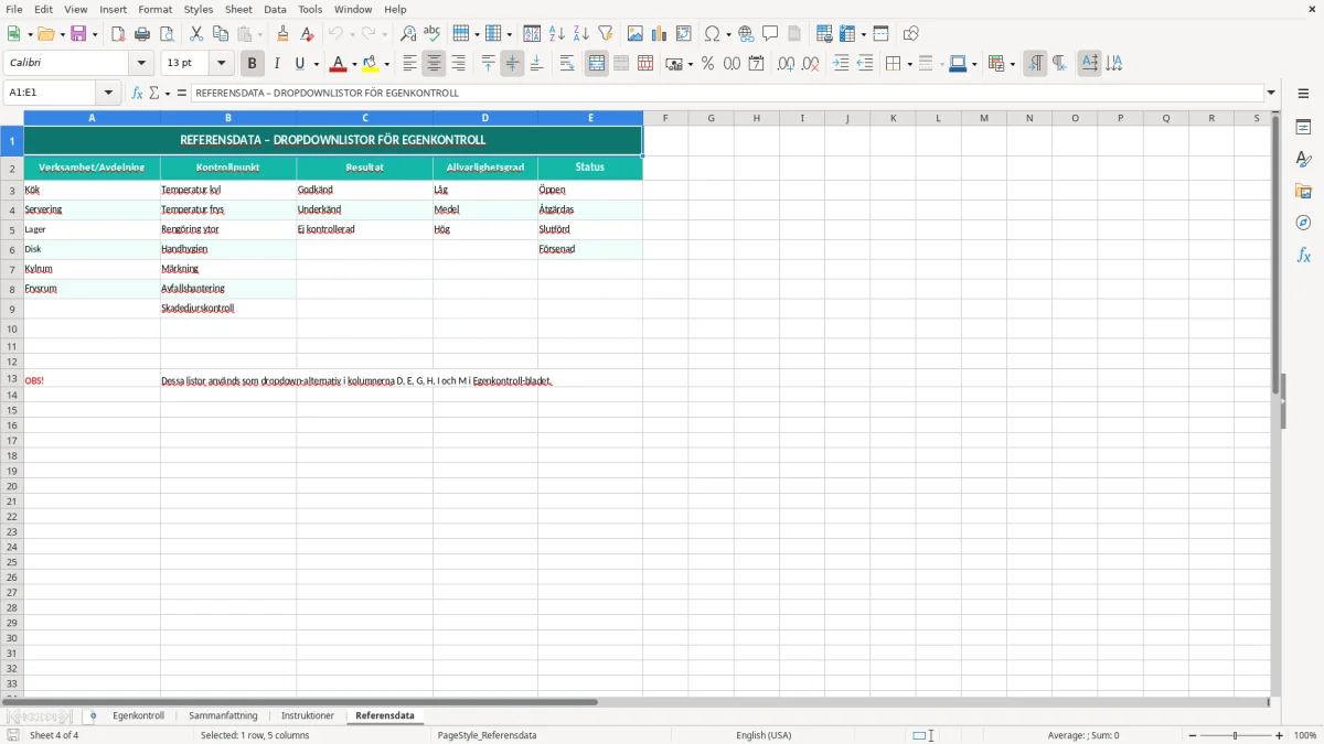 Skärmbild 4: fliken Referensdata - Excelmall egenkontroll excel mall