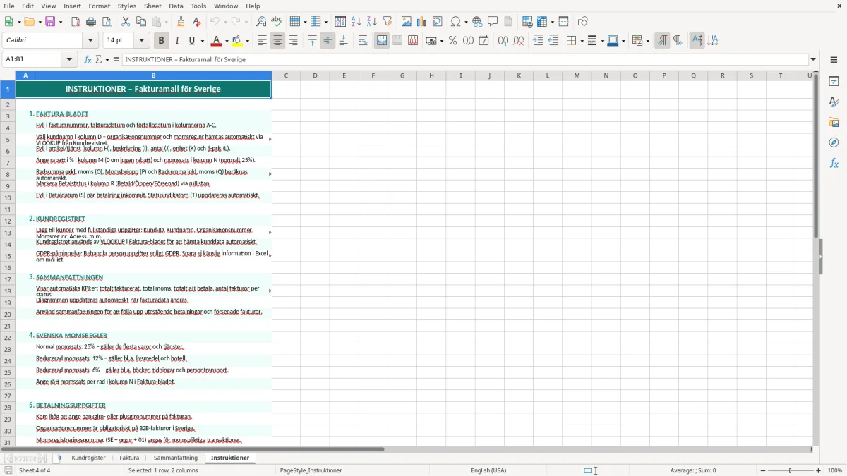 Skärmbild 4: fliken Instruktioner - Excelmall faktura excel mall
