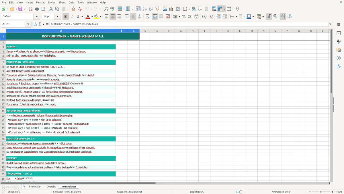 Skärmbild 3: fliken Instruktioner - Excelmall gantt schema excel mall