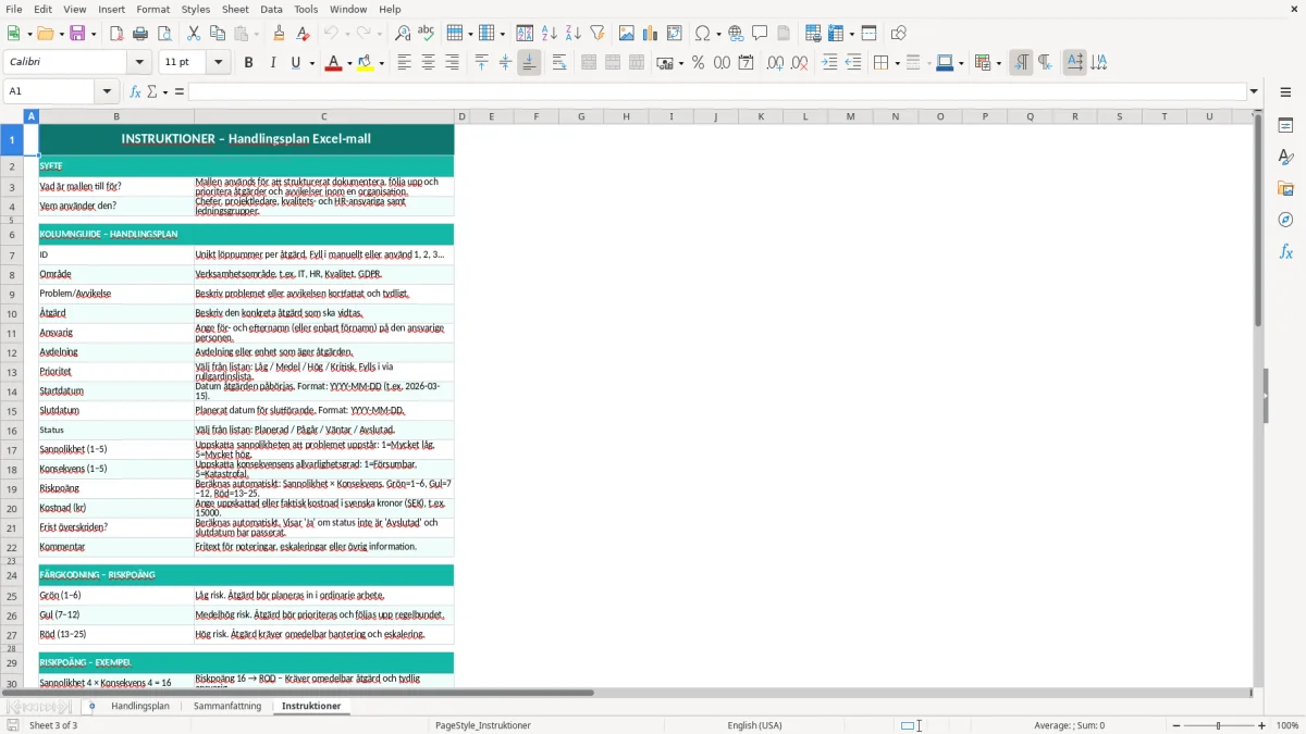 Skärmbild 3: fliken Instruktioner - Excelmall handlingsplan excel mall