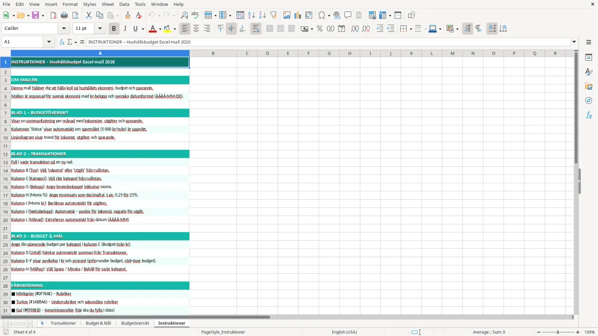 Skärmbild 4: fliken Instruktioner - Excelmall hushållsbudget excel mall