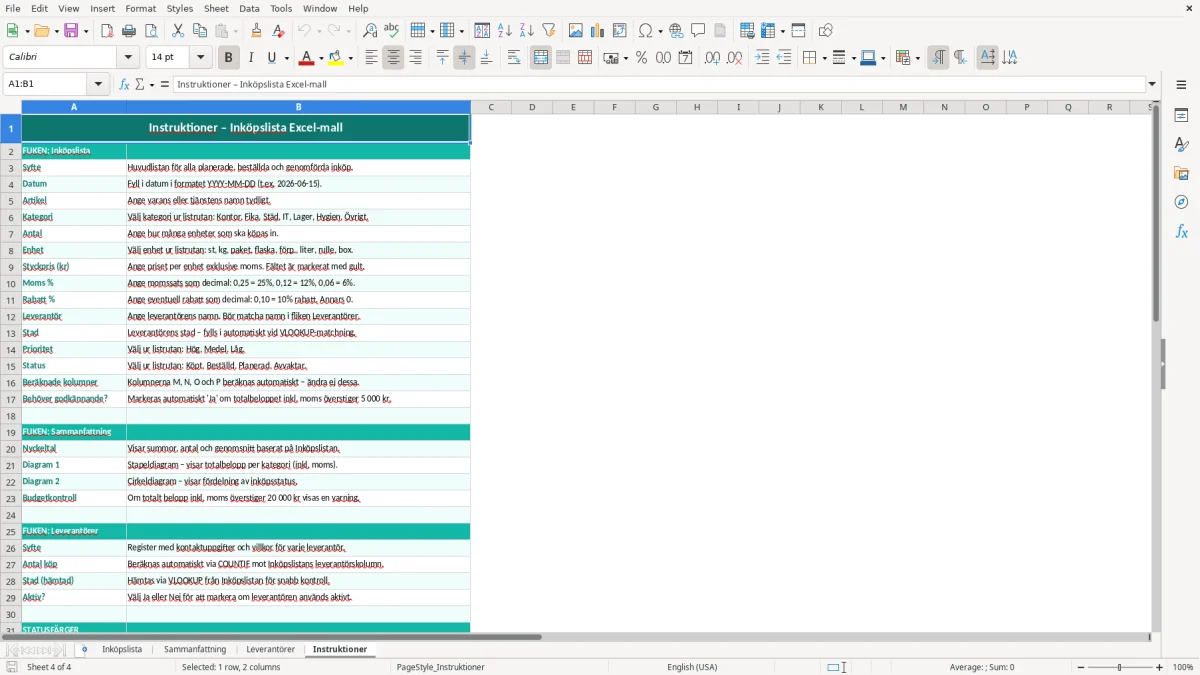 Skärmbild 4: fliken Instruktioner - Excelmall inköpslista excel mall