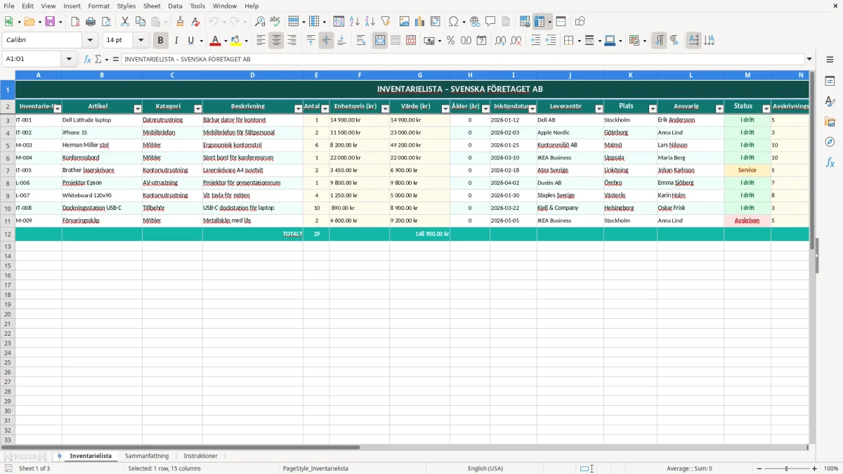 Skärmbild 1: fliken Inventarielista - Excelmall inventarielista excel mall