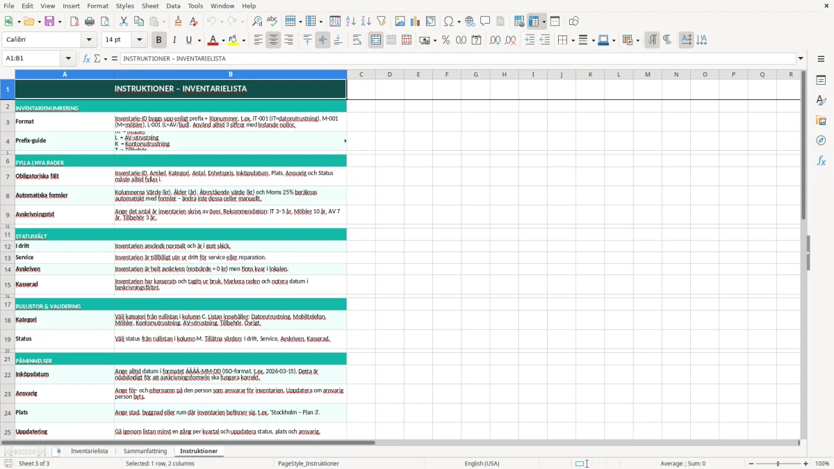 Skärmbild 3: fliken Instruktioner - Excelmall inventarielista excel mall