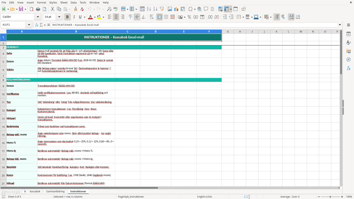Skärmbild 3: fliken Instruktioner - Excelmall kassabok excel mall