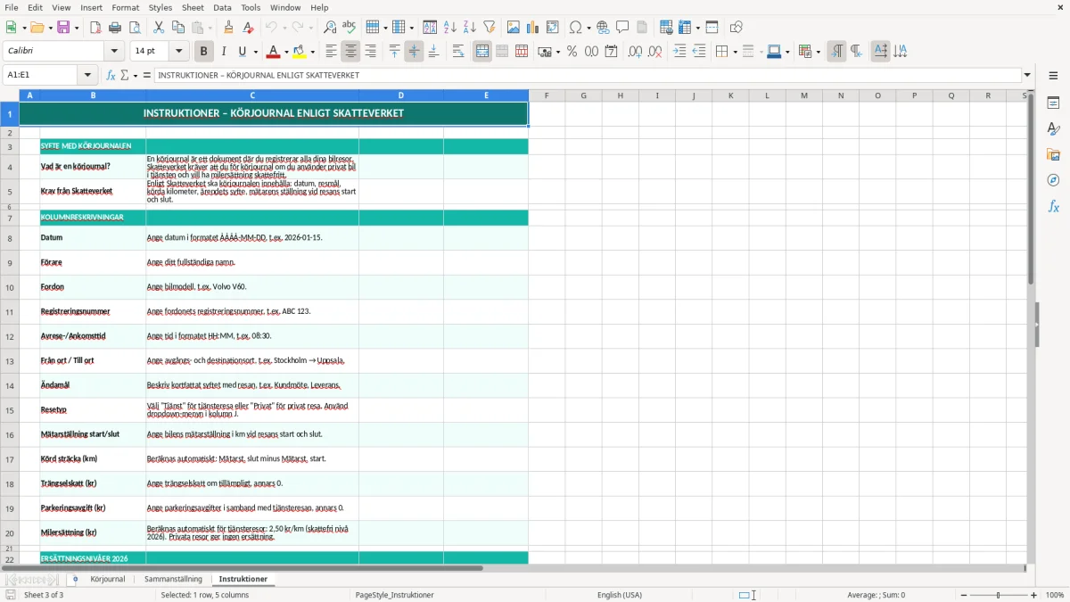 Skärmbild 3: fliken Instruktioner - Excelmall körjournal excel mall