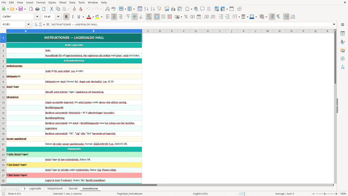 Skärmbild 4: fliken Instruktioner - Excelmall lagersaldo excel mall