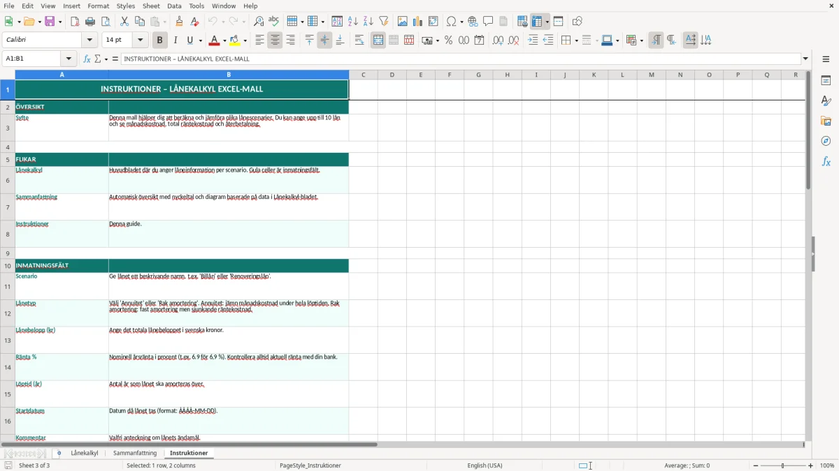Skärmbild 3: fliken Instruktioner - Excelmall lånekalkyl excel mall