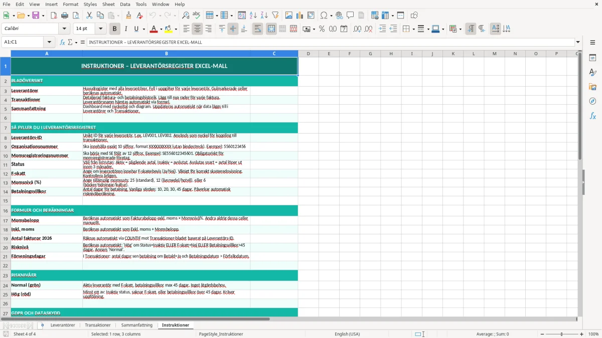 Skärmbild 4: fliken Instruktioner - Excelmall leverantörsregister excel mall