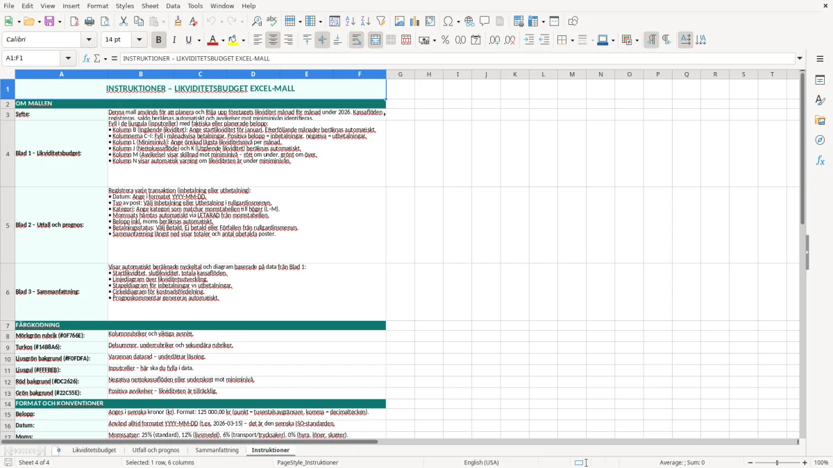 Skärmbild 4: fliken Instruktioner - Excelmall likviditetsbudget excel mall