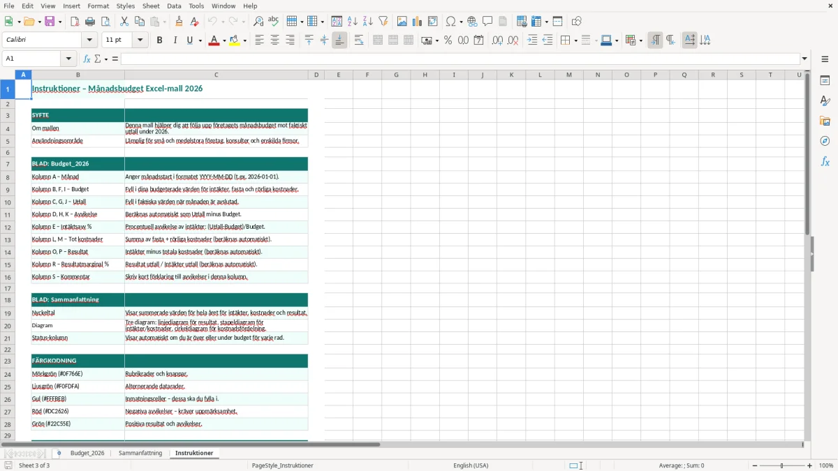 Skärmbild 3: fliken Instruktioner - Excelmall månadsbudget excel mall