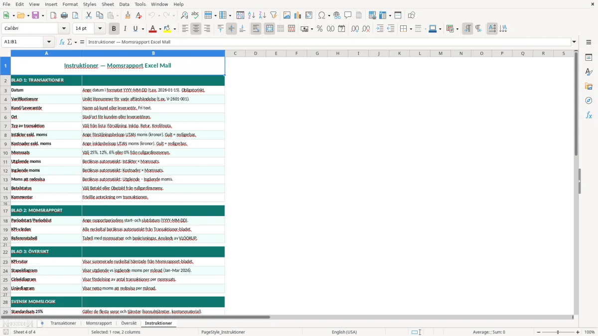 Skärmbild 4: fliken Instruktioner - Excelmall momsrapport excel mall