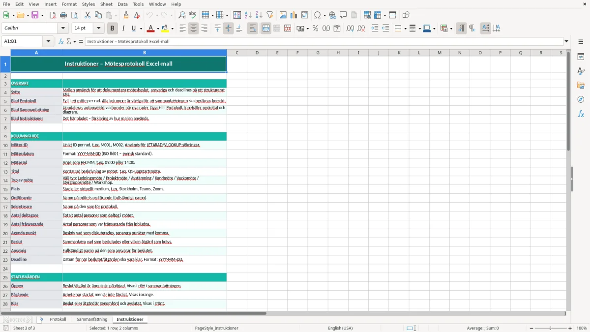Skärmbild 3: fliken Instruktioner - Excelmall mötesprotokoll excel mall