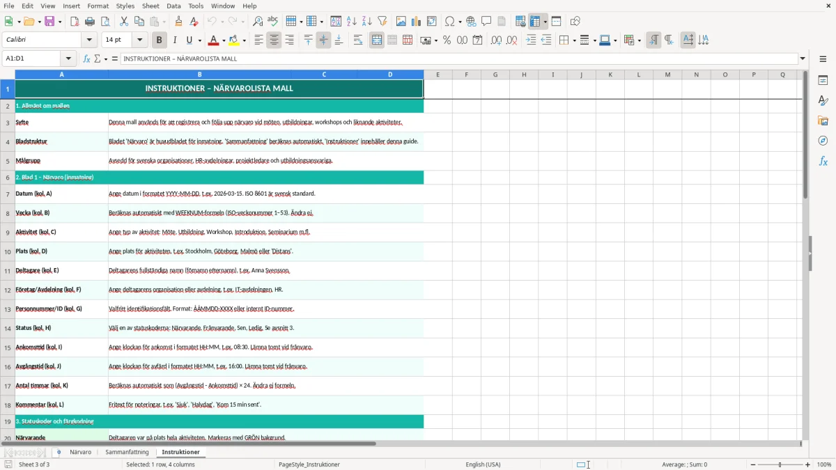 Skärmbild 3: fliken Instruktioner - Excelmall närvarolista excel mall