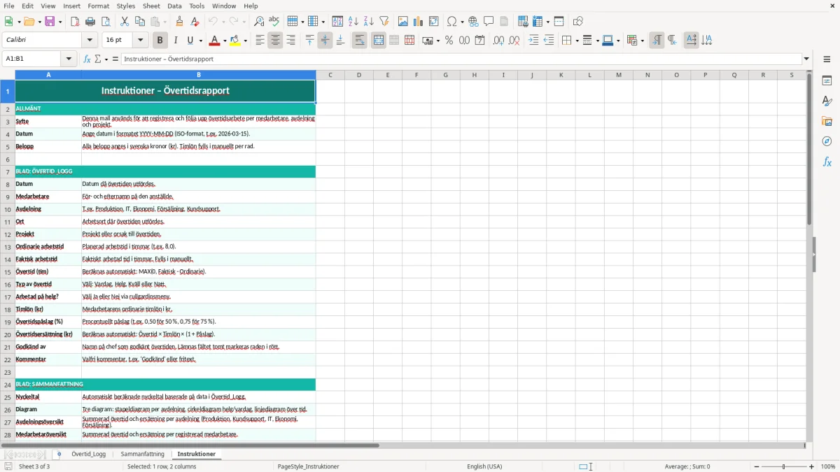 Skärmbild 3: fliken Instruktioner - Excelmall övertidsrapport excel mall