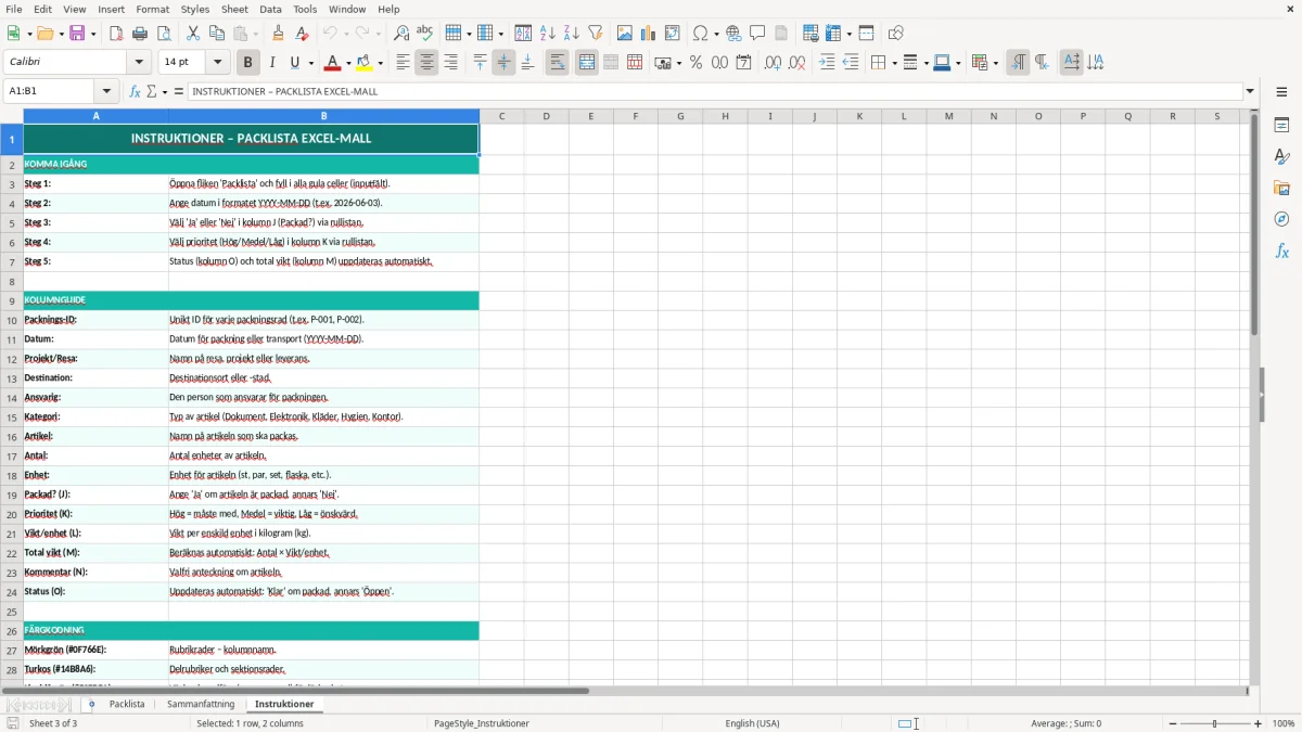 Skärmbild 3: fliken Instruktioner - Excelmall packlista excel mall