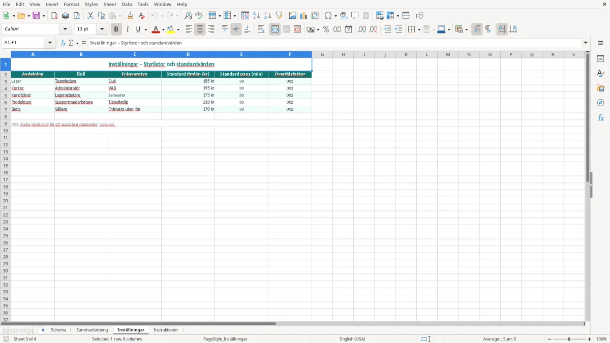 Skärmbild 3: fliken Inställningar - Excelmall personalschema excel mall