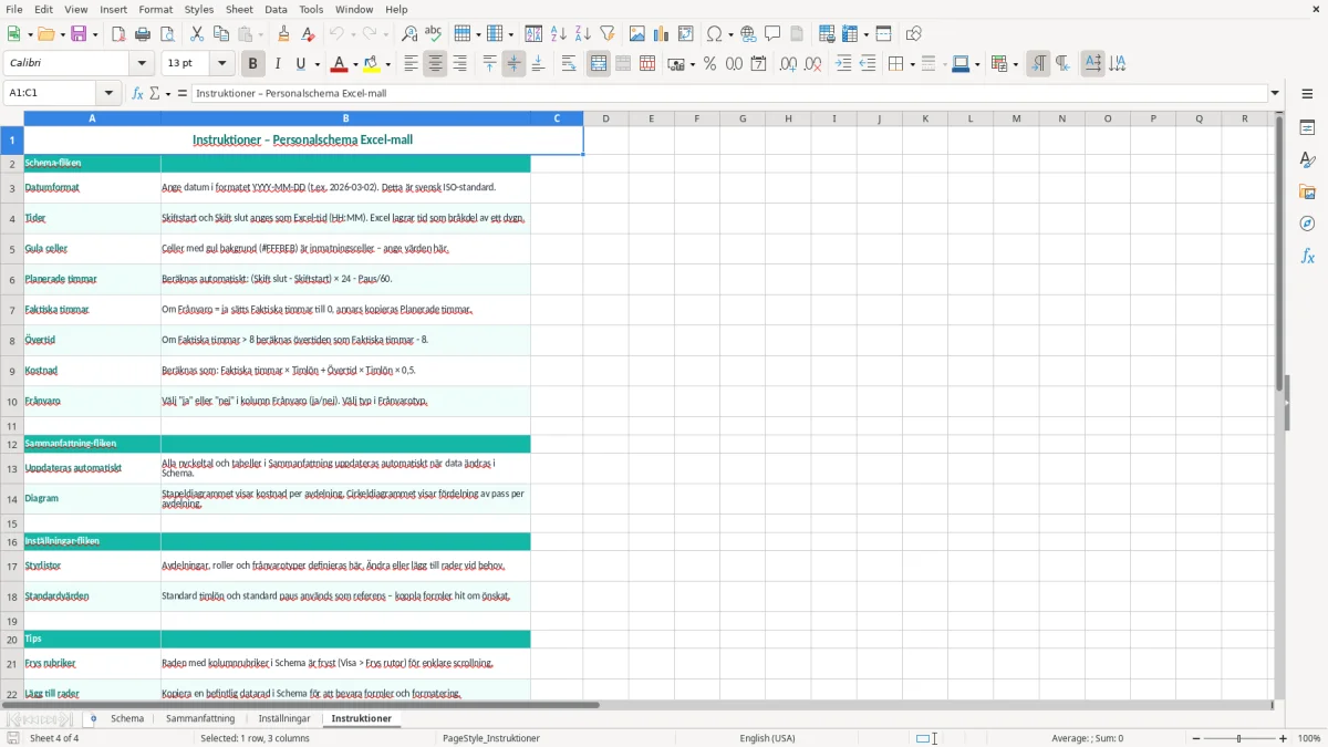 Skärmbild 4: fliken Instruktioner - Excelmall personalschema excel mall