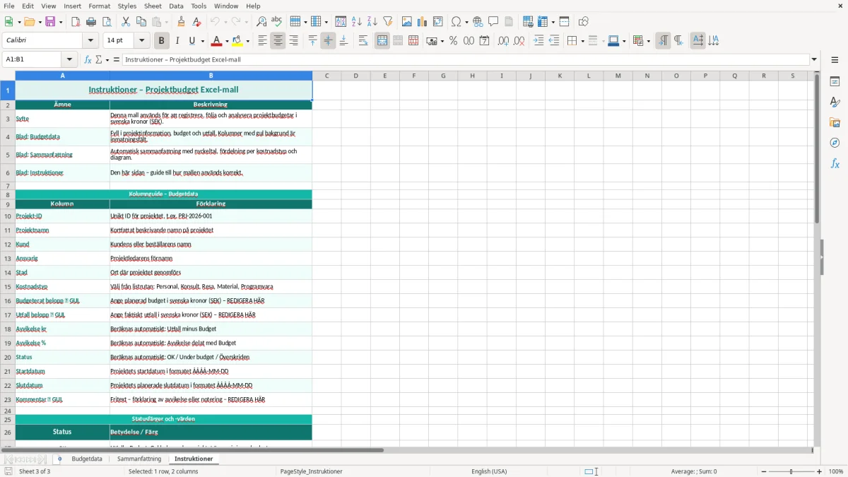 Skärmbild 3: fliken Instruktioner - Excelmall projektbudget excel mall