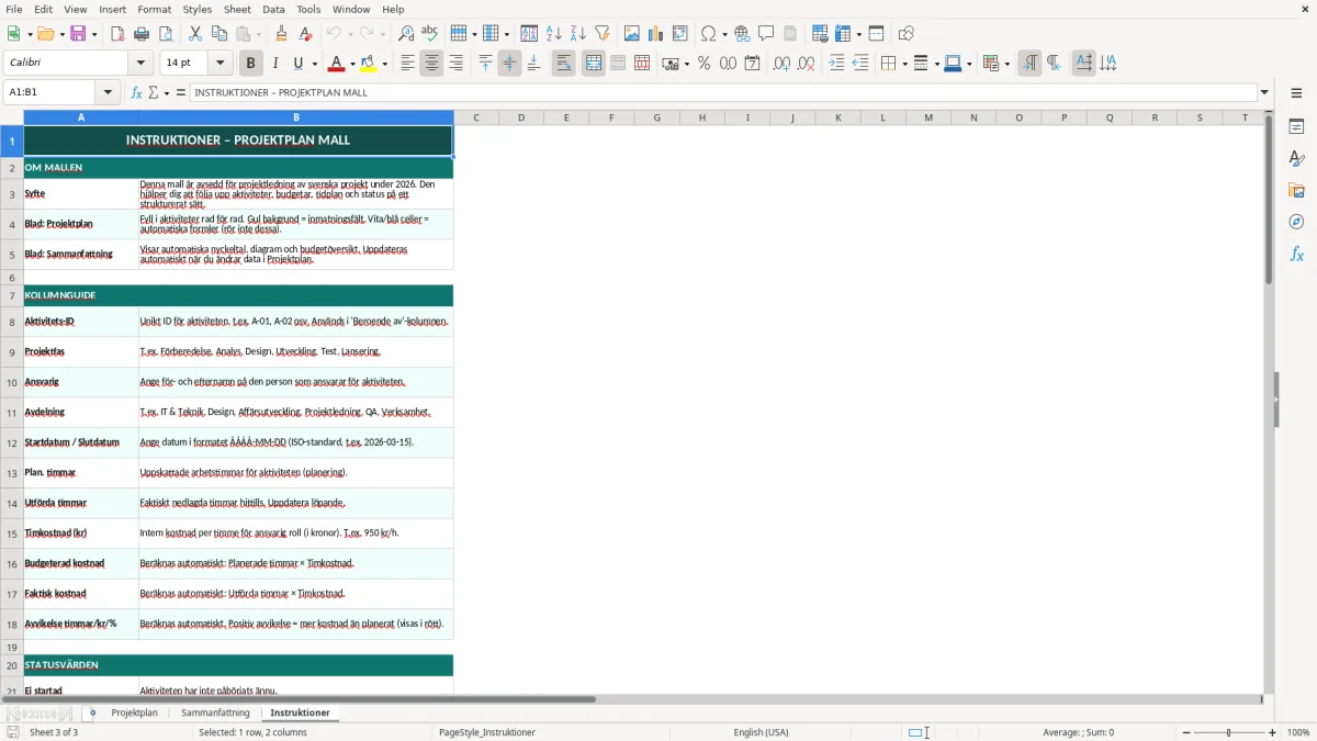 Skärmbild 3: fliken Instruktioner - Excelmall projektplan excel mall