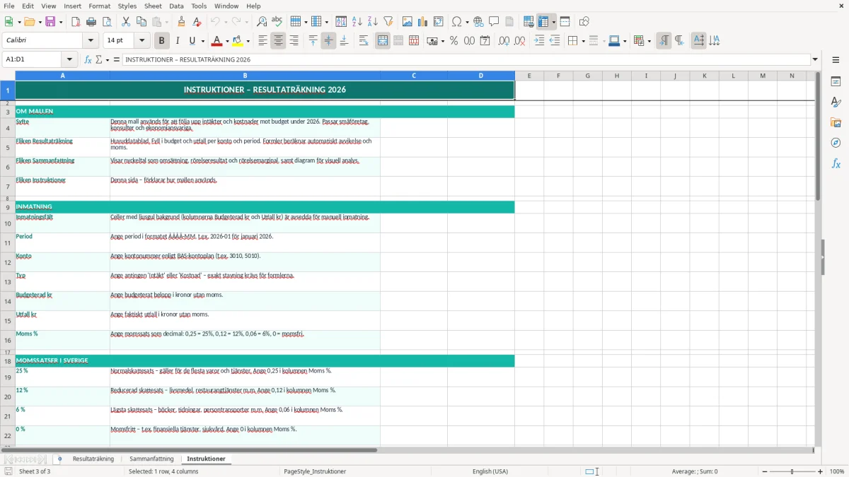 Skärmbild 3: fliken Instruktioner - Excelmall resultaträkning excel mall