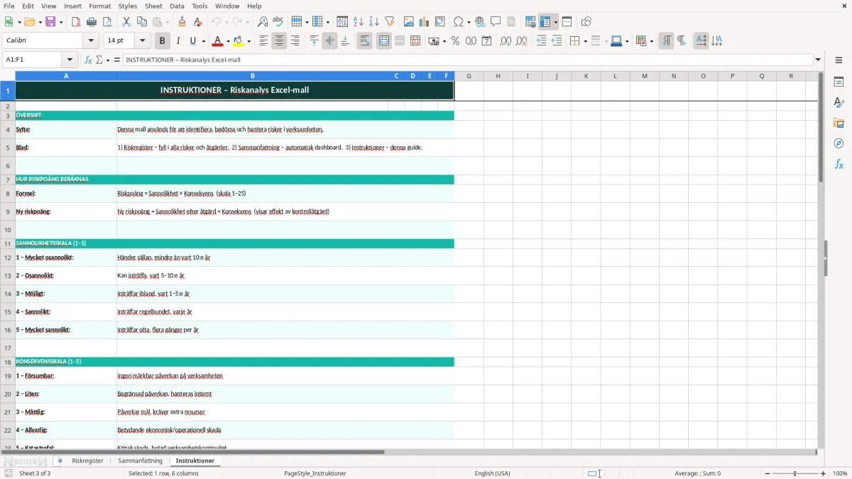 Skärmbild 3: fliken Instruktioner - Excelmall riskanalys excel mall