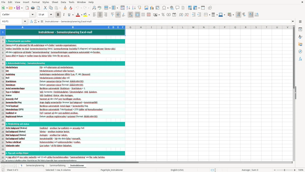 Skärmbild 3: fliken Instruktioner - Excelmall semesterplanering excel mall