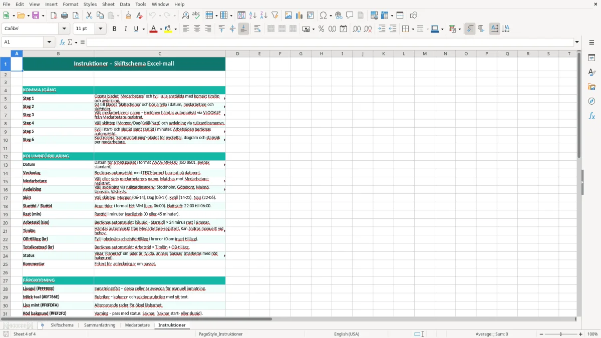 Skärmbild 4: fliken Instruktioner - Excelmall skiftschema excel mall
