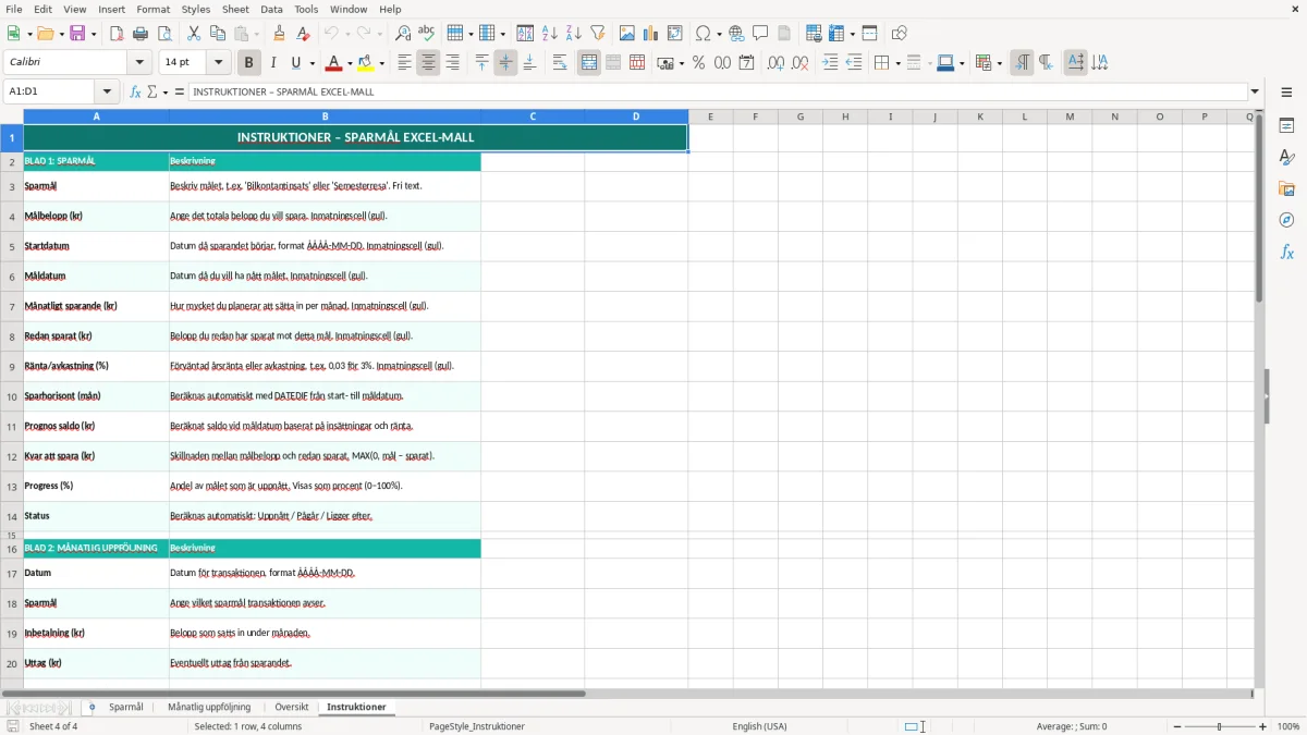 Skärmbild 4: fliken Instruktioner - Excelmall sparmål excel mall