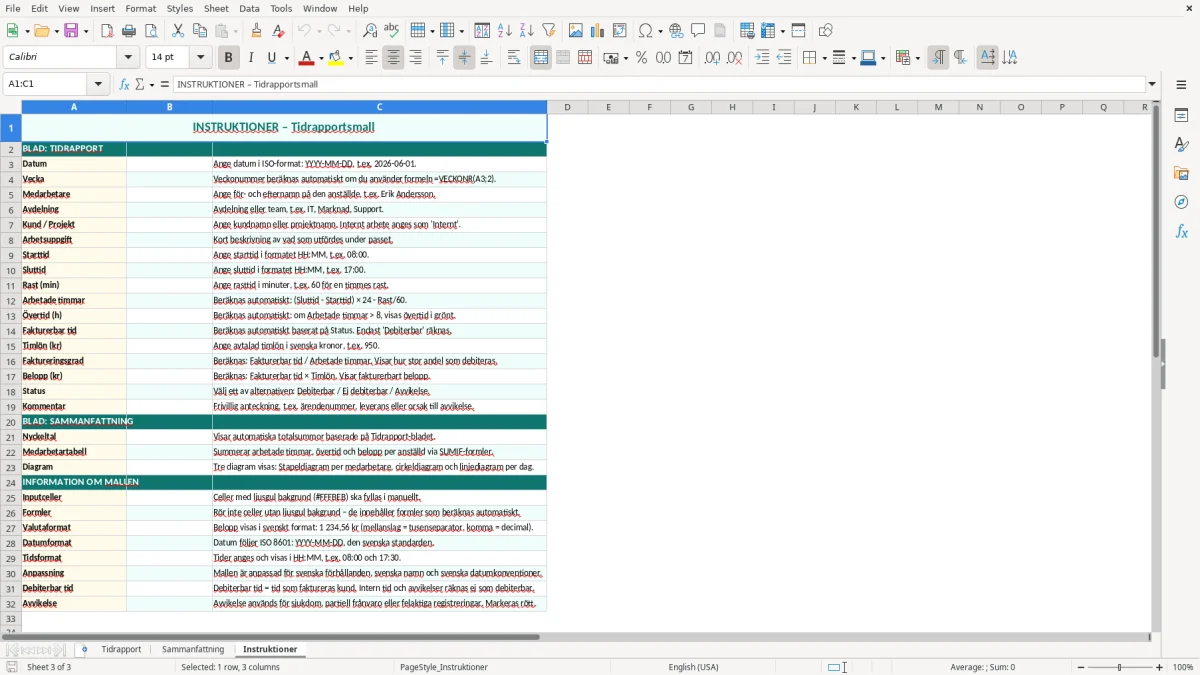 Skärmbild 3: fliken Instruktioner - Excelmall tidrapport excel mall