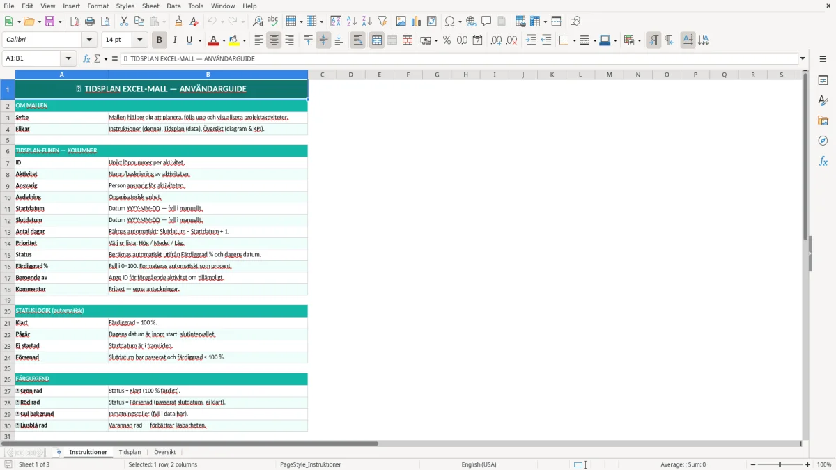 Skärmbild 1: fliken Instruktioner - Excelmall tidsplan excel mall