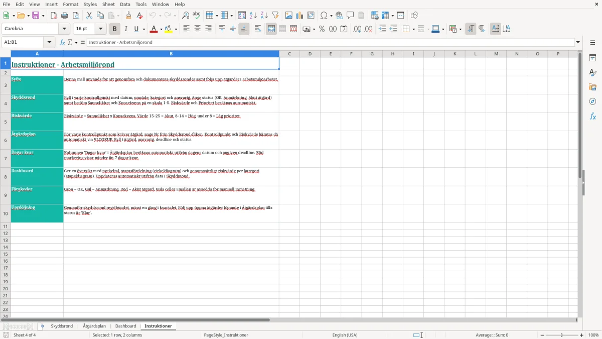 Skärmbild 4: fliken Instruktioner - Excelmall arbetsmiljörond excel mall