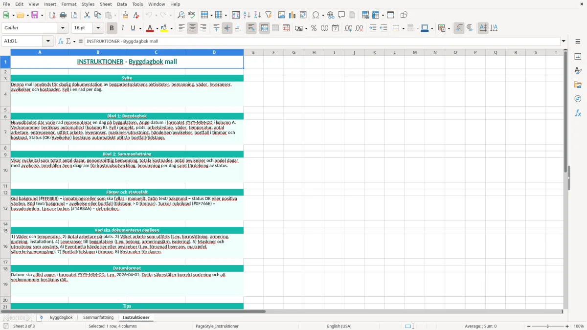 Skärmbild 3: fliken Instruktioner - Excelmall byggdagbok excel mall