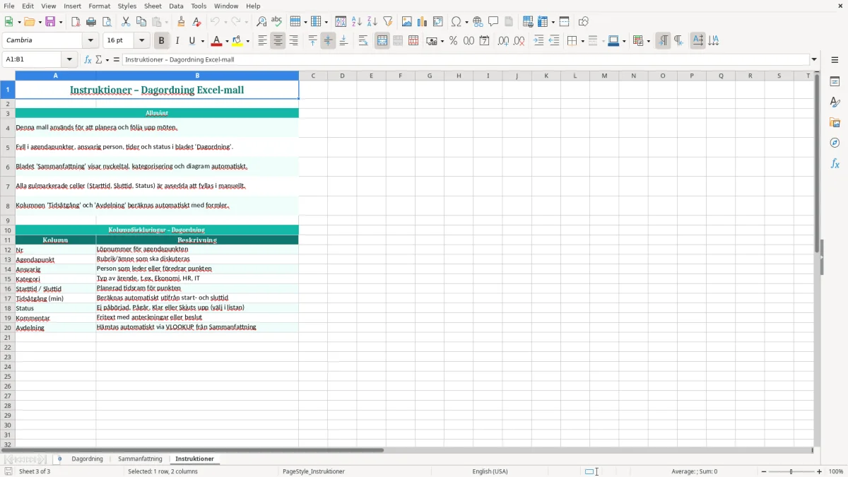 Skärmbild 3: fliken Instruktioner - Excelmall dagordning excel mall
