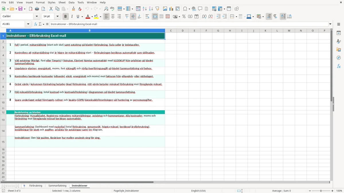 Skärmbild 3: fliken Instruktioner - Excelmall elförbrukning excel mall
