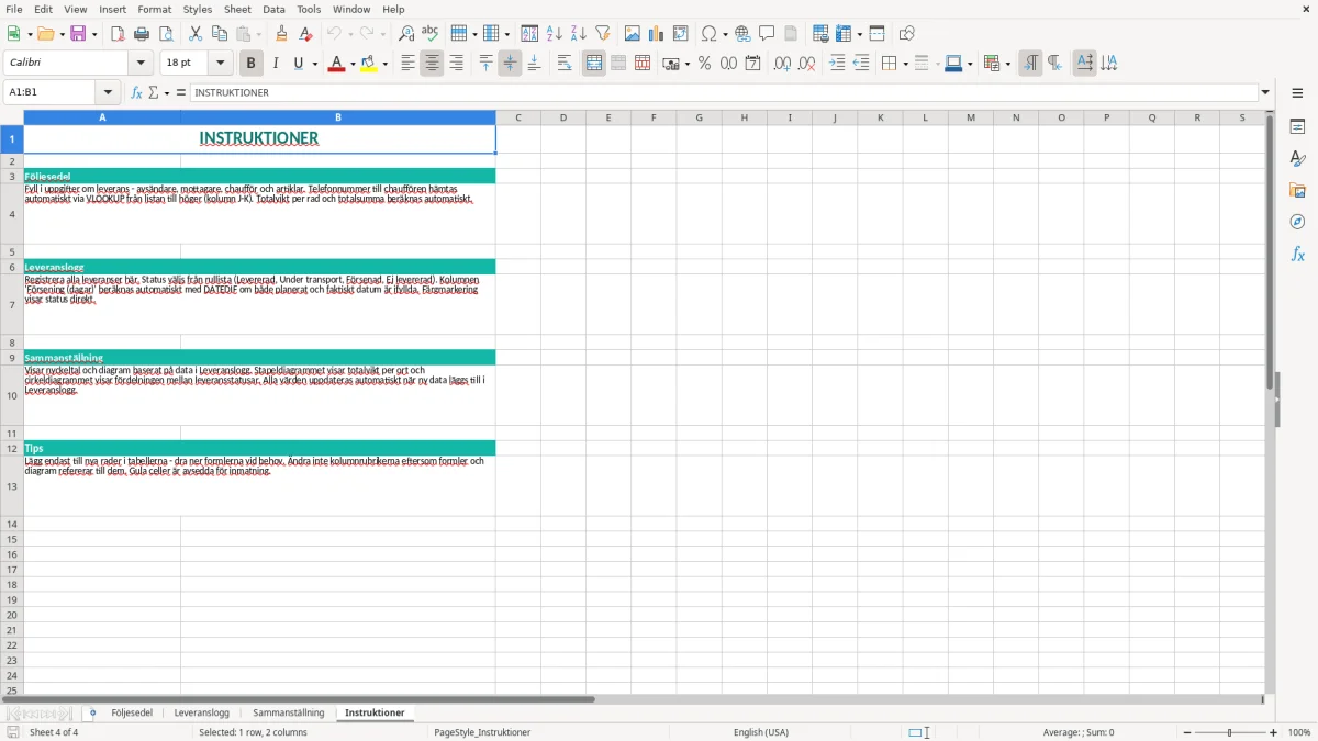 Skärmbild 4: fliken Instruktioner - Excelmall följesedel excel mall