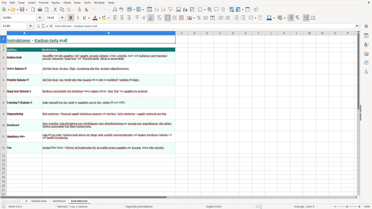 Skärmbild 3: fliken Instruktioner - Excelmall kanban tavla excel mall