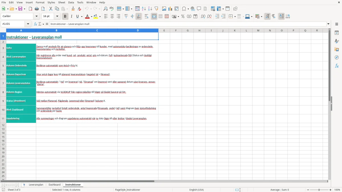 Skärmbild 3: fliken Instruktioner - Excelmall leveransplan excel mall