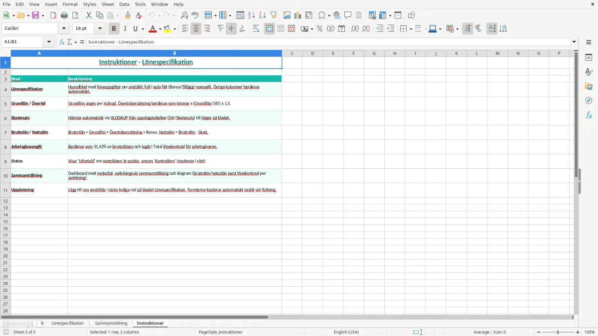 Skärmbild 3: fliken Instruktioner - Excelmall lönespecifikation excel mall
