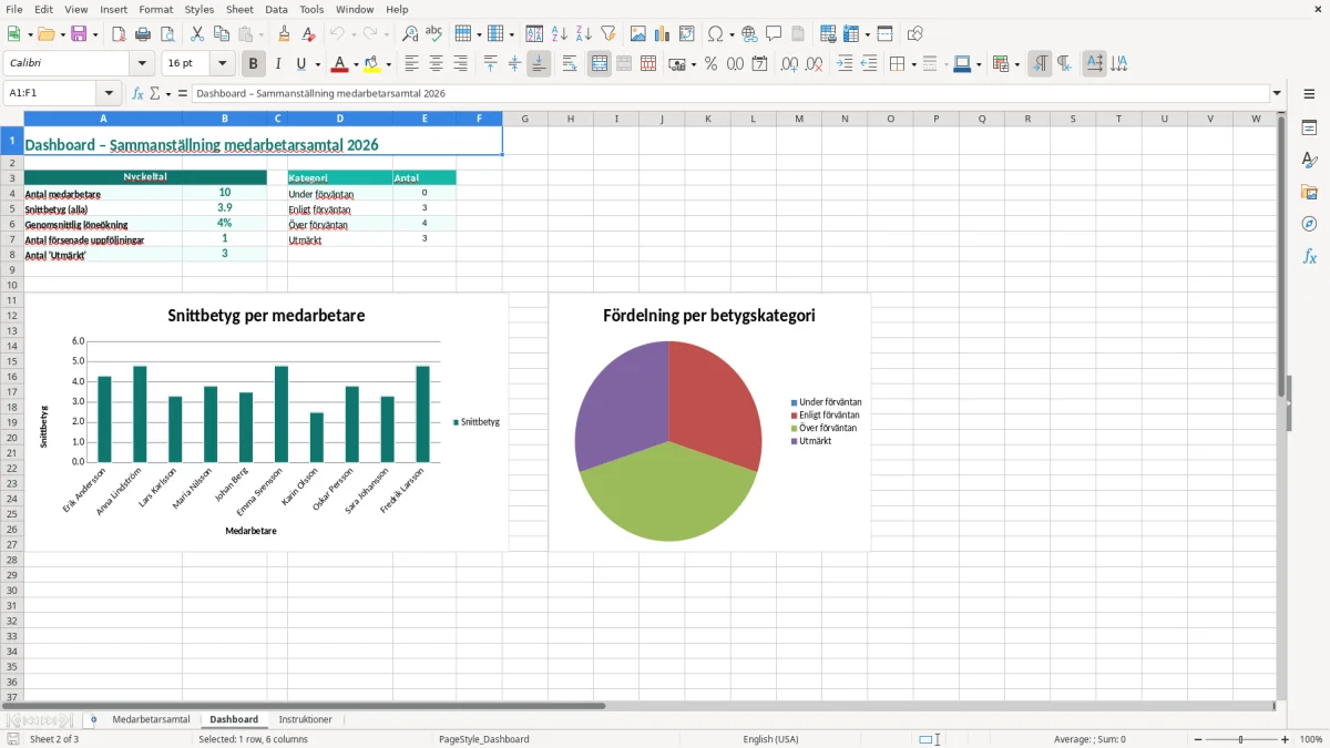 Skärmbild 2: fliken Dashboard - Excelmall medarbetarsamtal excel mall