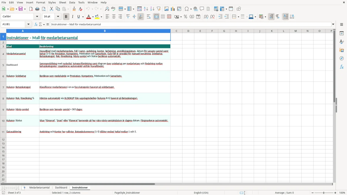 Skärmbild 3: fliken Instruktioner - Excelmall medarbetarsamtal excel mall