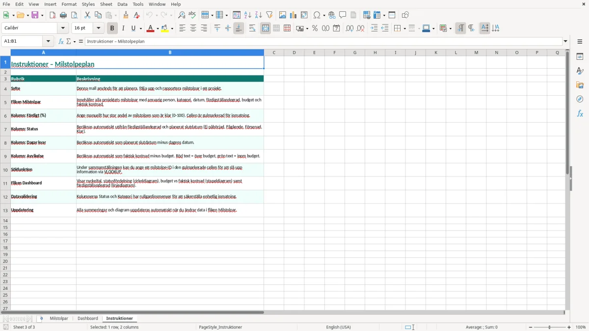 Skärmbild 3: fliken Instruktioner - Excelmall milstolpeplan excel mall