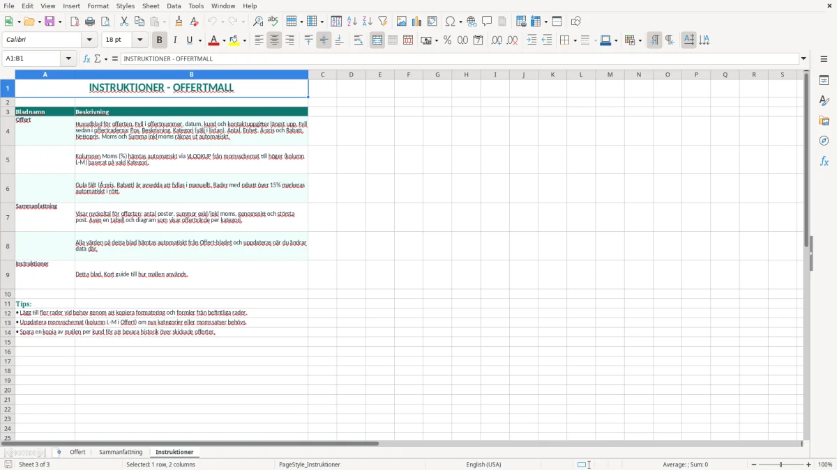 Skärmbild 3: fliken Instruktioner - Excelmall offert excel mall