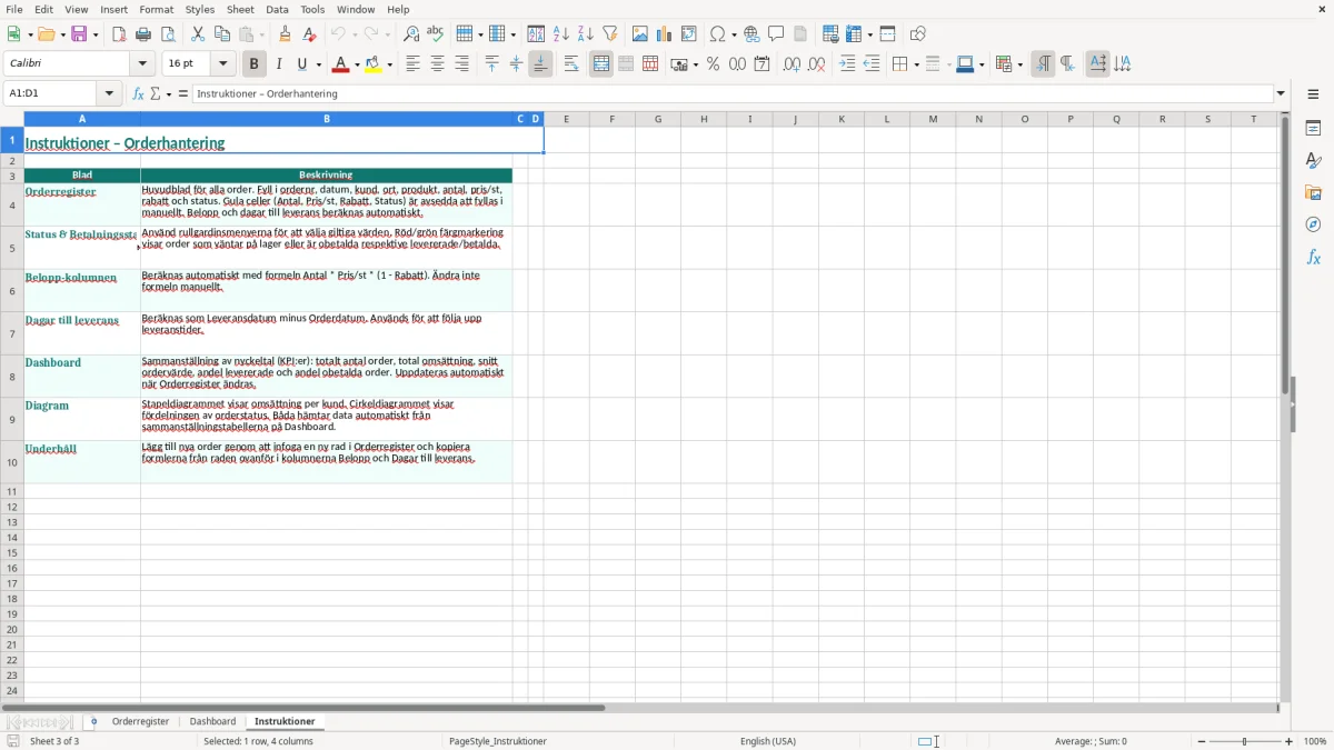 Skärmbild 3: fliken Instruktioner - Excelmall orderhantering excel mall